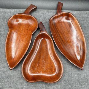 Wood Serving Trays Mahogany Hand Carved Leaf Handmade Haiti MCM Signed Bowl Dish